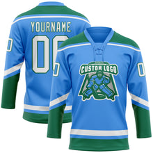 Load image into Gallery viewer, Custom Powder Blue White-Kelly Green Hockey Lace Neck Jersey
