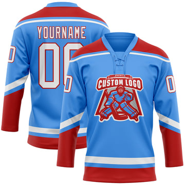 Custom Electric Blue White-Red Hockey Lace Neck Jersey