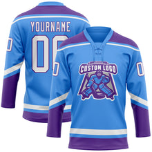 Load image into Gallery viewer, Custom Electric Blue White-Purple Hockey Lace Neck Jersey
