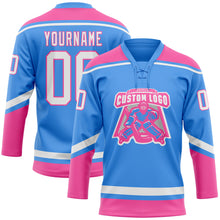 Load image into Gallery viewer, Custom Electric Blue White-Pink Hockey Lace Neck Jersey
