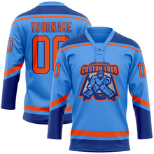 Load image into Gallery viewer, Custom Powder Blue Orange-Royal Hockey Lace Neck Jersey
