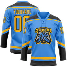 Load image into Gallery viewer, Custom Powder Blue Gold-Black Hockey Lace Neck Jersey
