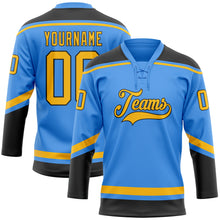 Load image into Gallery viewer, Custom Electric Blue Gold-Black Hockey Lace Neck Jersey
