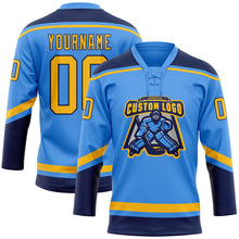 Load image into Gallery viewer, Custom Electric Blue Gold-Navy Hockey Lace Neck Jersey
