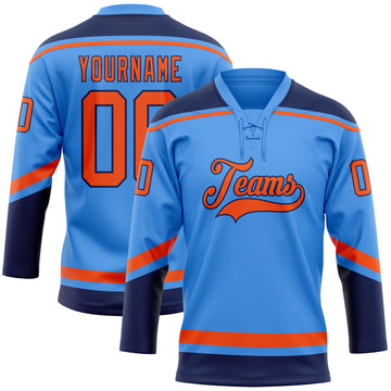 Custom Electric Blue Orange-Navy Hockey Lace Neck Jersey