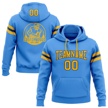 Custom Stitched Electric Blue Gold-Black Football Pullover Sweatshirt Hoodie