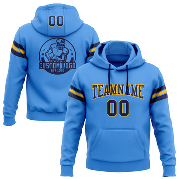Custom Stitched Electric Blue Navy-Gold Football Pullover Sweatshirt Hoodie