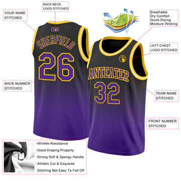 Custom Black Purple-Gold Authentic Fade Fashion Basketball Jersey