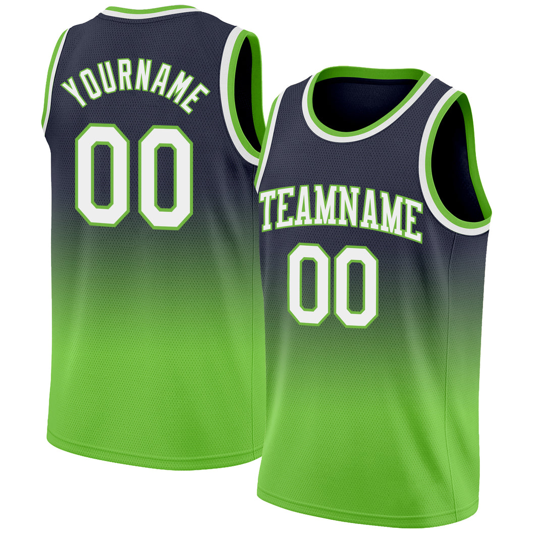 Custom Navy White-Neon Green Authentic Fade Fashion Basketball Jersey