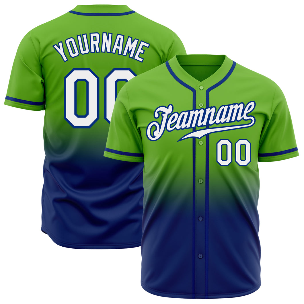 Custom Neon Green White-Royal Authentic Fade Fashion Baseball Jersey