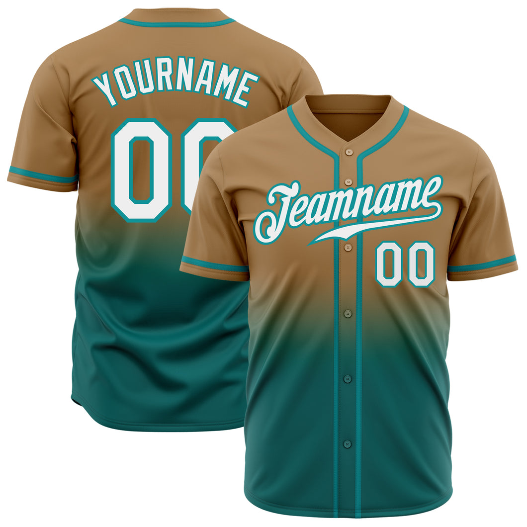 Custom Old Gold White-Teal Authentic Fade Fashion Baseball Jersey