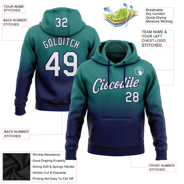 Custom Stitched Teal White-Navy Fade Fashion Sports Pullover Sweatshirt Hoodie