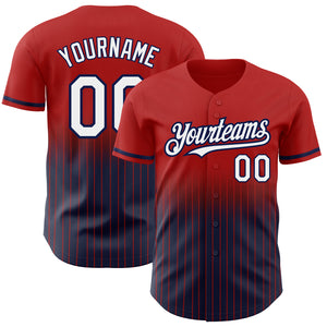 Custom Red Pinstripe White-Navy Authentic Fade Fashion Baseball Jersey