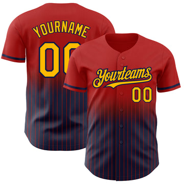 Custom Red Pinstripe Gold-Navy Authentic Fade Fashion Baseball Jersey