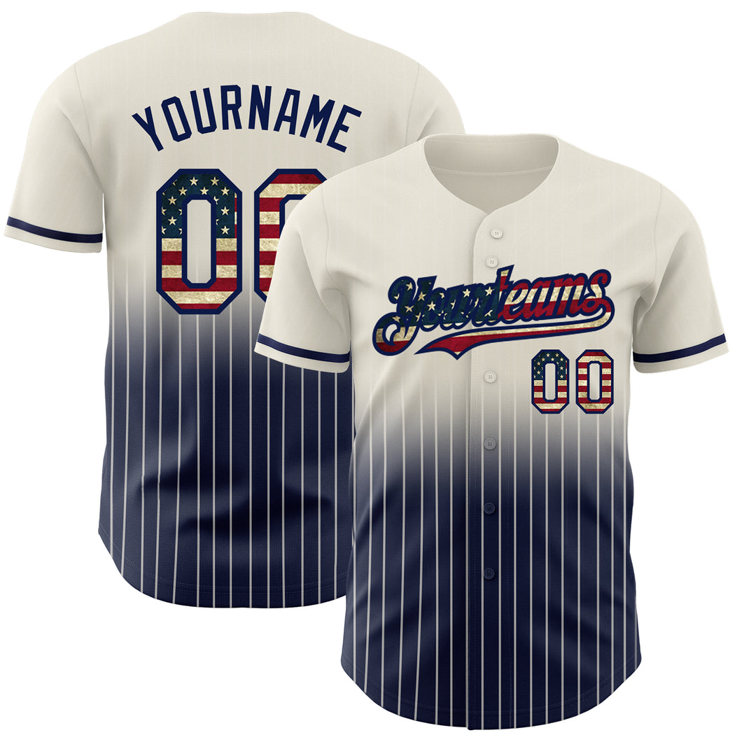 Custom Cream Pinstripe Vintage USA Flag-Navy Authentic Fade Fashion Baseball Jersey