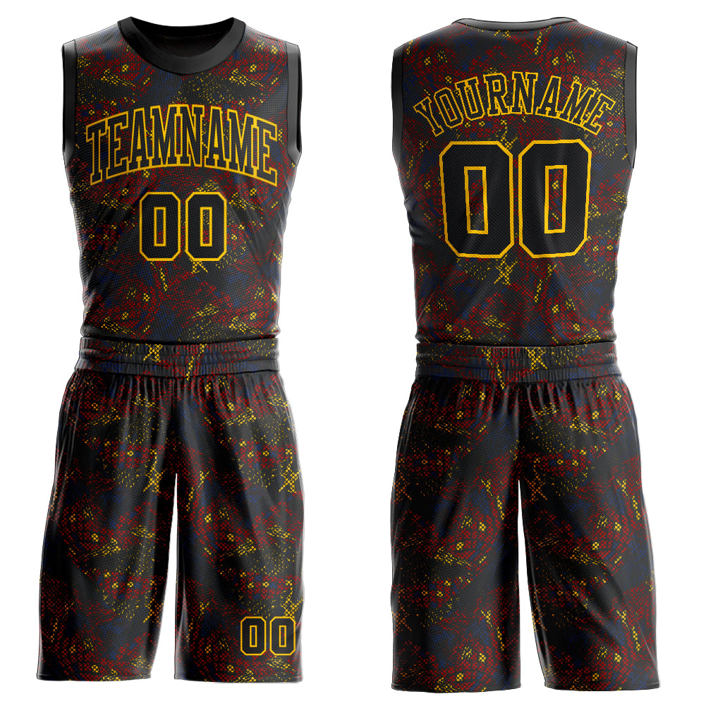 Custom Figure Black-Gold Round Neck Sublimation Basketball Suit Jersey