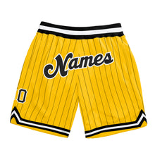 Load image into Gallery viewer, Custom Gold Black Pinstripe Black-White Authentic Basketball Shorts

