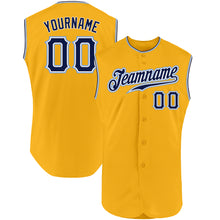Load image into Gallery viewer, Custom Gold Navy-Light Blue Authentic Sleeveless Baseball Jersey
