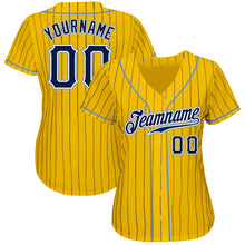 Load image into Gallery viewer, Custom Yellow Navy Pinstripe Navy-Light Blue Authentic Baseball Jersey
