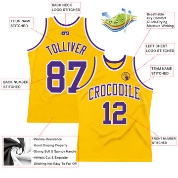 Custom Gold Purple-White Authentic Throwback Basketball Jersey