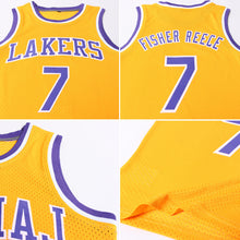 Load image into Gallery viewer, Custom Gold Purple-White Authentic Throwback Basketball Jersey
