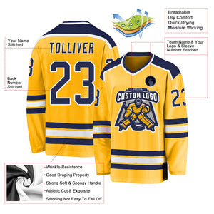 Custom Gold Navy-White Hockey Jersey