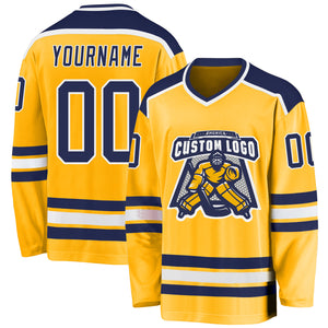 Custom Gold Navy-White Hockey Jersey