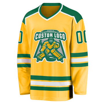 Custom Gold Kelly Green-White Hockey Jersey