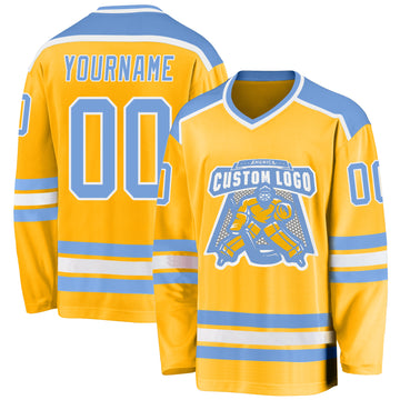 Custom Gold Light Blue-White Hockey Jersey