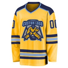 Load image into Gallery viewer, Custom Gold Navy-Light Blue Hockey Jersey
