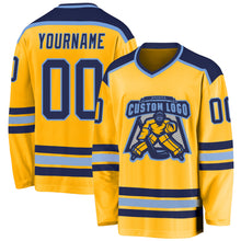 Load image into Gallery viewer, Custom Gold Navy-Light Blue Hockey Jersey
