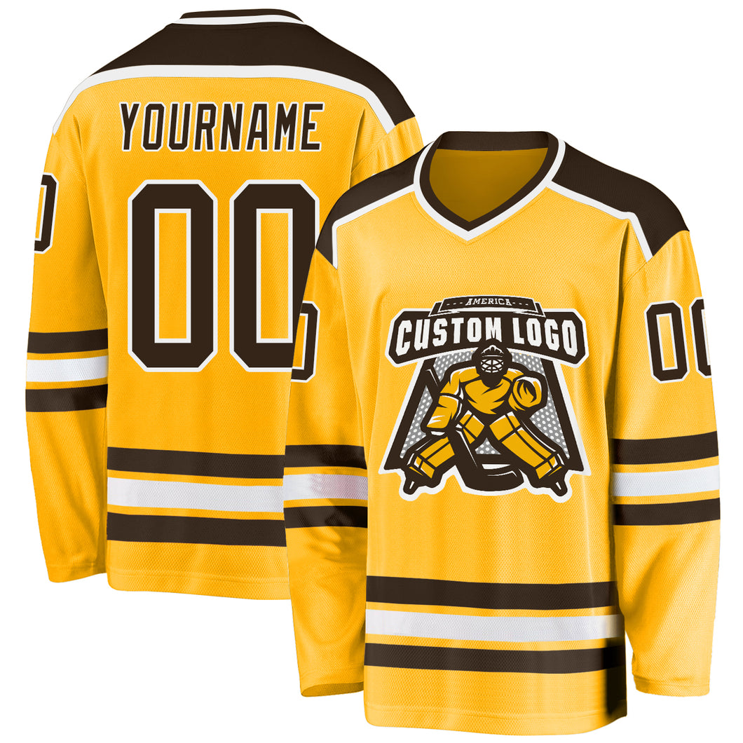 Custom Gold Brown-White Hockey Jersey