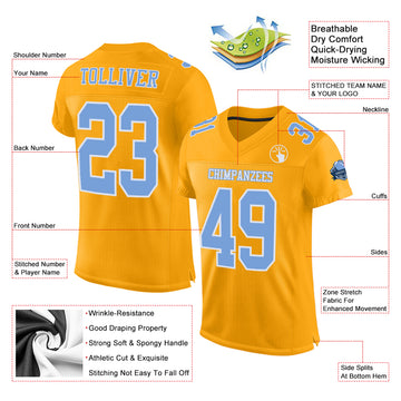 Custom Gold Light Blue-White Mesh Authentic Football Jersey