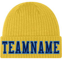 Load image into Gallery viewer, Custom Gold Navy-Powder Blue Stitched Cuffed Knit Hat
