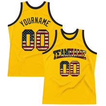Load image into Gallery viewer, Custom Gold Vintage USA Flag-Black Authentic Throwback Basketball Jersey
