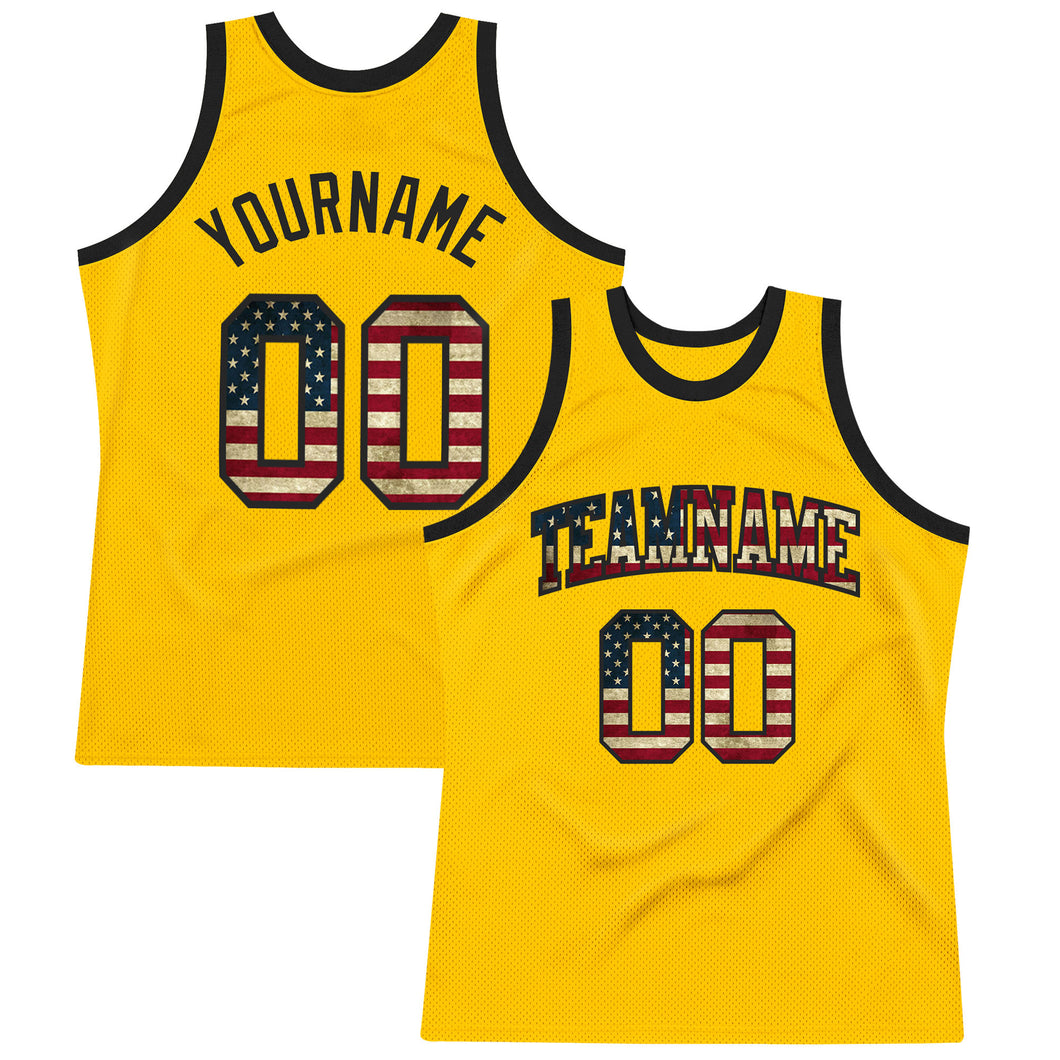 Custom Gold Vintage USA Flag-Black Authentic Throwback Basketball Jersey