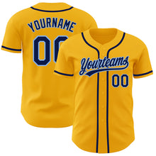 Load image into Gallery viewer, Custom Gold Navy-Light Blue Authentic Baseball Jersey
