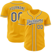 Load image into Gallery viewer, Custom Gold Steel Gray-White Authentic Baseball Jersey
