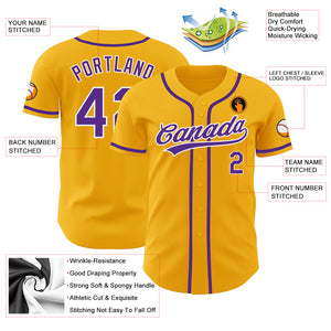 Custom Gold Purple-White Authentic Baseball Jersey