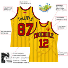 Load image into Gallery viewer, Custom Gold Black Pinstripe Red Authentic Basketball Jersey
