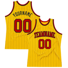 Load image into Gallery viewer, Custom Gold Black Pinstripe Red Authentic Basketball Jersey
