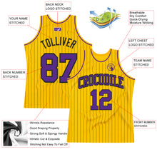Load image into Gallery viewer, Custom Gold Black Pinstripe Purple Authentic Basketball Jersey
