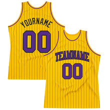 Load image into Gallery viewer, Custom Gold Black Pinstripe Purple Authentic Basketball Jersey
