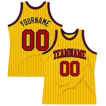 Load image into Gallery viewer, Custom Gold Navy Pinstripe Red Authentic Basketball Jersey
