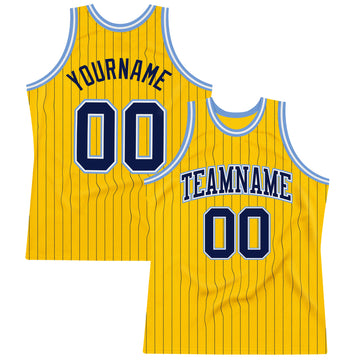 Custom Gold Navy Pinstripe Navy-Light Blue Authentic Basketball Jersey