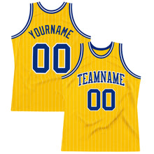 Load image into Gallery viewer, Custom Gold White Pinstripe Royal Authentic Basketball Jersey
