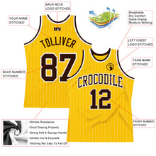Load image into Gallery viewer, Custom Gold White Pinstripe Brown Authentic Basketball Jersey
