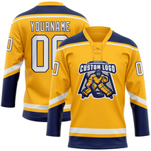 Load image into Gallery viewer, Custom Gold White-Navy Hockey Lace Neck Jersey
