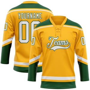 Custom Gold White-Green Hockey Lace Neck Jersey