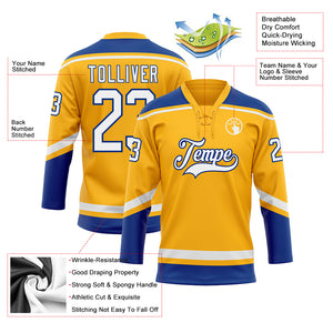 Custom Gold White-Royal Hockey Lace Neck Jersey